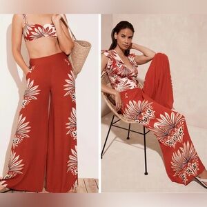 MINT VELVET Rusty Red & Cream Elegant Floral Wide-Leg Pants